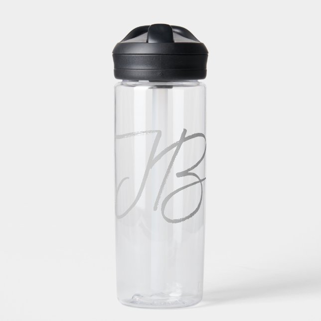 Monogram Grey White Plain Calligraphy Script Water Bottle (Front)