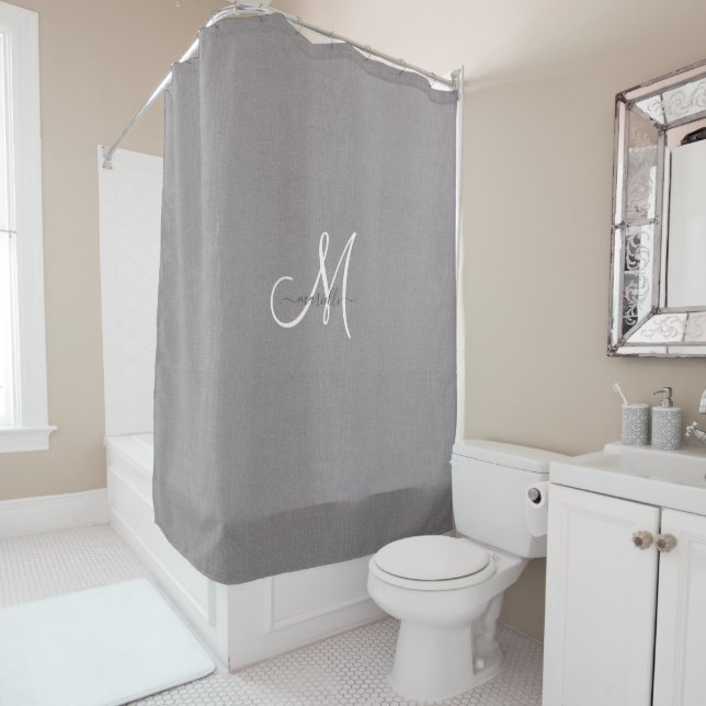 Monogram Grey White Script Faux Linen  Shower Curtain (In Situ)