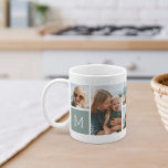 Monogram Grid Photo Collage Coffee Mug<br><div class="desc">This simple personalised photo mug design puts 6 of your favourite snaps front and centre,  along with a single initial monogram on each side. Customise with six square photos of friends,  kids,  grandchildren,  pets,  or your favourite places,  with your initial in white lettering on a soft eucalyptus green square.</div>