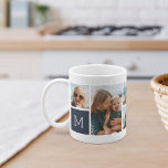 Monogram Grid Photo Collage Coffee Mug<br><div class="desc">This simple personalised photo mug design puts 6 of your favourite snaps front and centre,  along with a single initial monogram on each side. Customise with six square photos of friends,  kids,  grandchildren,  pets,  or your favourite places,  with your initial in white lettering on a navy blue square.</div>