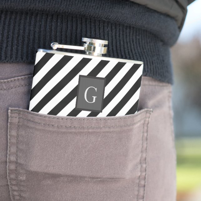 Monogram Groomsman Best Man Black White Stripe Hip Flask (In Situ)