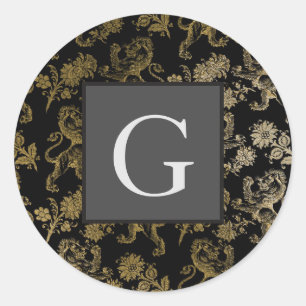 Monogram Groomsmen Best Man Black Gold Lion Damask Classic Round Sticker