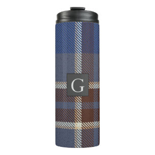 Monogram Groomsmen Best Man Blue Grey Tartan Black Thermal Tumbler