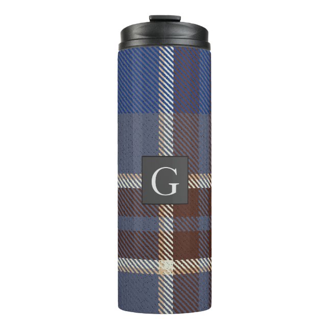 Monogram Groomsmen Best Man Blue Grey Tartan Black Thermal Tumbler (Front)