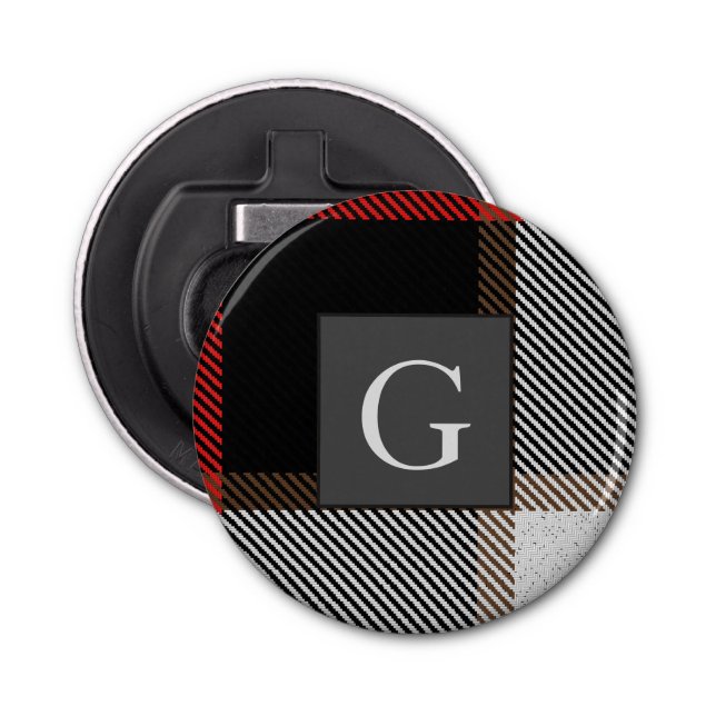 Monogram Groomsmen Best Man Red Grey Tartan Black Bottle Opener (Front)