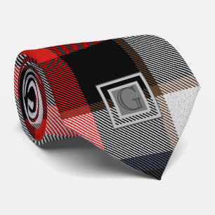 Monogram Groomsmen Best Man Red Grey Tartan Black Tie