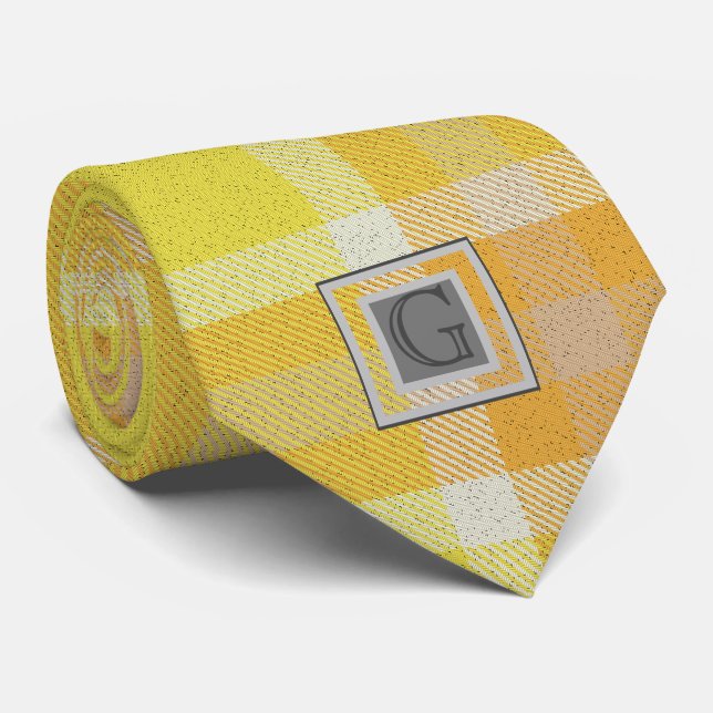 Monogram Groomsmen Best Man Yellow Orange Tartan Tie (Rolled)