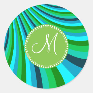 Monogram Groovy Blue Green Rainbow Slide Stripes Classic Round Sticker