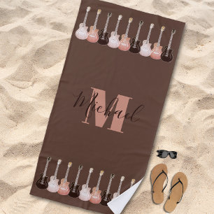 Monogram guitar pattern rustic brown beach towel
