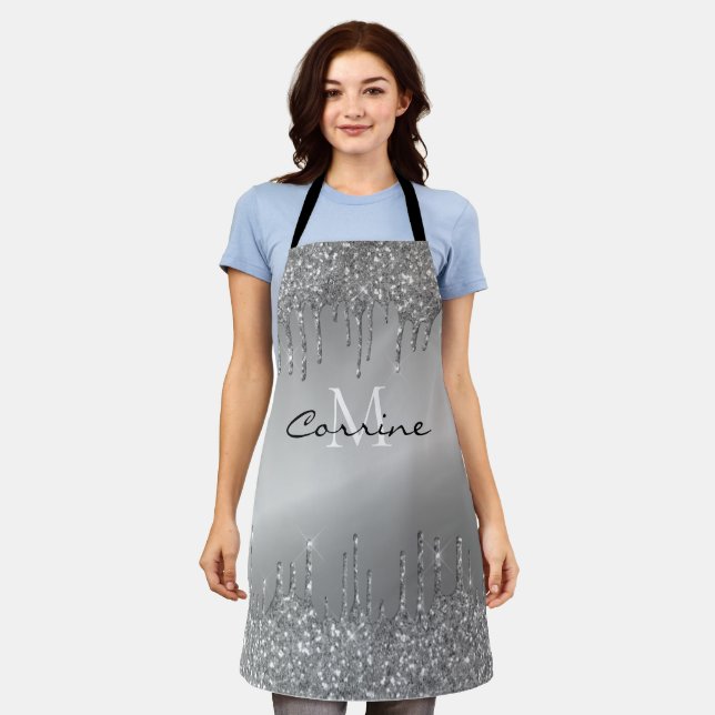 Monogram Gunmetal Dripping Glitter Metallic Name Apron (Worn)