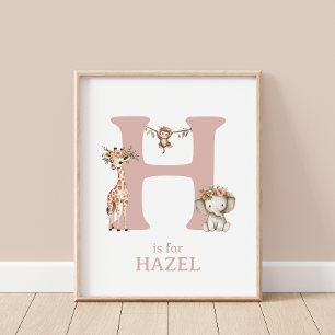 Monogram H Cute Safari Animals Nursery Wall Poster