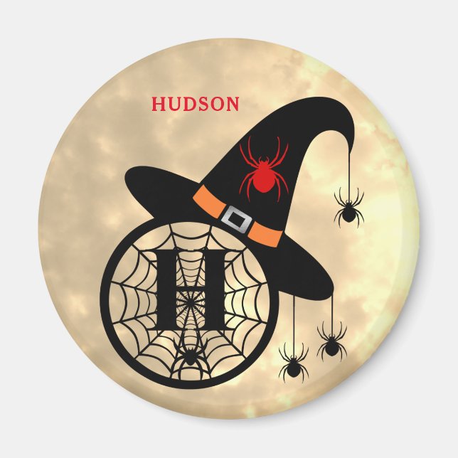Monogram H Halloween Sky Witch Spiders Name Magnet (Front)