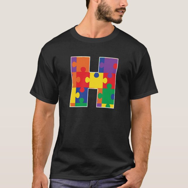 Monogram H in Multi Colour Puzzle Pieces T-Shirt (Front)