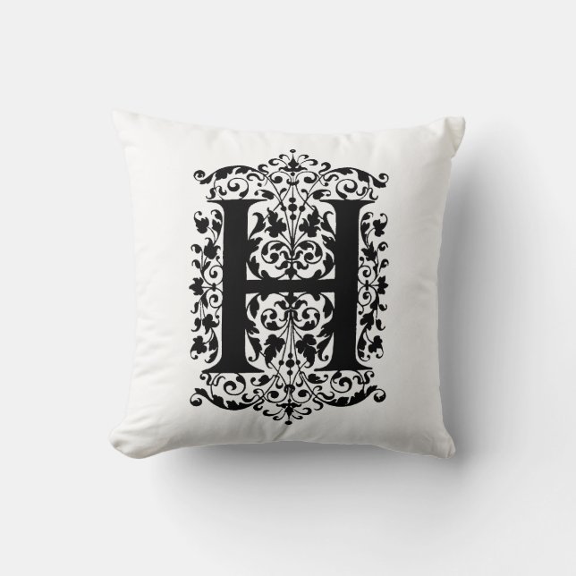 Monogram H Initial Black and White Floral Pattern Cushion (Front)