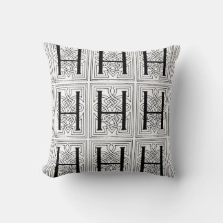 Monogram H Initial Black and White Scroll Pattern Cushion
