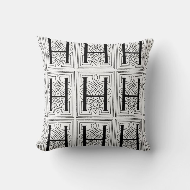 Monogram H Initial Black and White Scroll Pattern Cushion (Front)