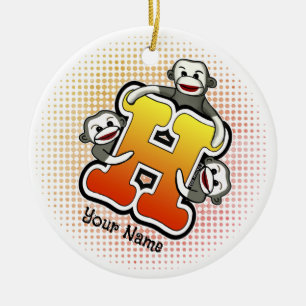 Monogram H Sock Monkey  Ceramic Ornament