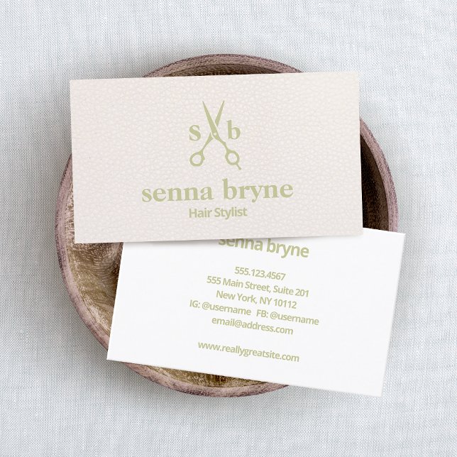 Monogram Hair Stylist Scissors Blush Pink Leather  Business Card (Creator Uploaded)