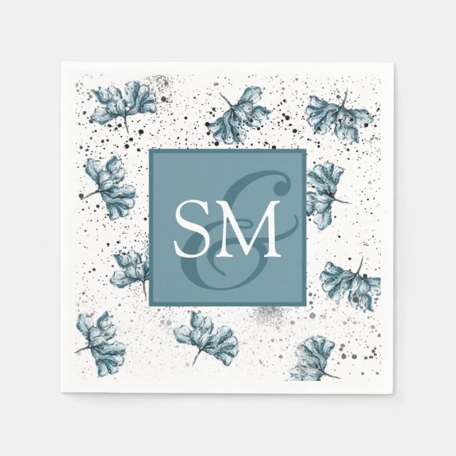 Monogram Hand painted blue Floral Napkin (Front)