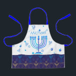 Monogram Hanukkah Festival Menorah Lights Apron<br><div class="desc">Hanukkah Menorah Lights Holiday label. Monogram and Hanukkah Logo Decoration with traditional symbols pattern. Home & Living > Kitchen & Dining > Table & Kitchen Linens > Aprons. Israel,  Jerusalem. Sofiartmedia Modern Design.
Judaica Modern Design with text template. Personalise them by adding name or wishes text.</div>