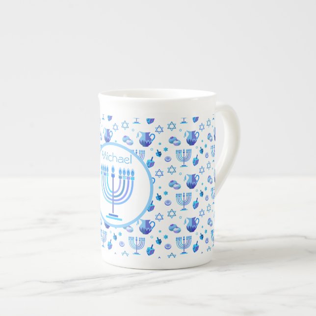 Monogram Hanukkah Festival Menorah Lights Bone China Mug (Front Right)