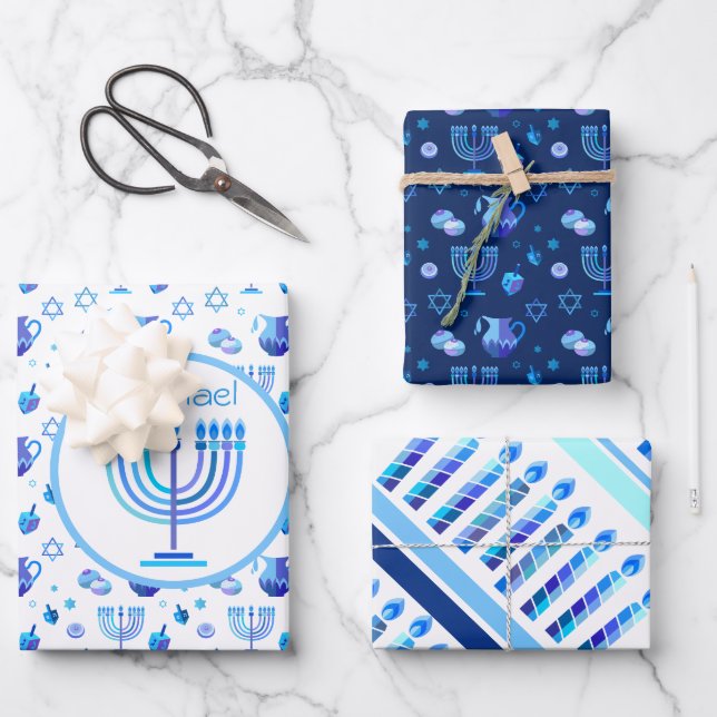 Monogram Hanukkah Festival Menorah Lights Wrapping Paper Sheet (Front)
