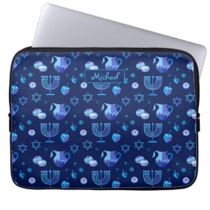Monogram, Hanukkah Jewish Holiday Ornate Pattern Laptop Sleeve