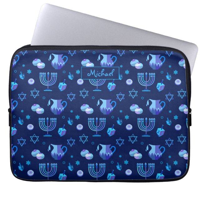 Monogram, Hanukkah Jewish Holiday Ornate Pattern Laptop Sleeve (Front)