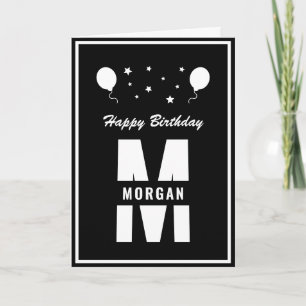 Monogram Happy Birthday Any Age Black And White Card