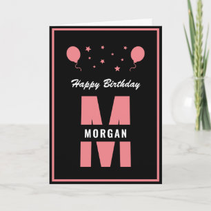 Monogram Happy Birthday Any Age Black White Pink Card