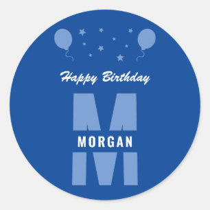 Monogram Happy Birthday Any Age Blue And White Classic Round Sticker