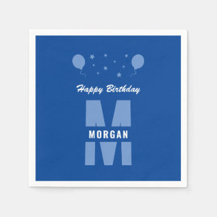 Monogram Happy Birthday Any Age Blue And White Napkin