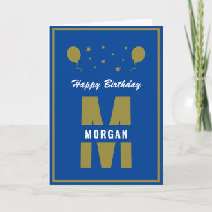 Monogram Happy Birthday Any Age Blue White Gold Card
