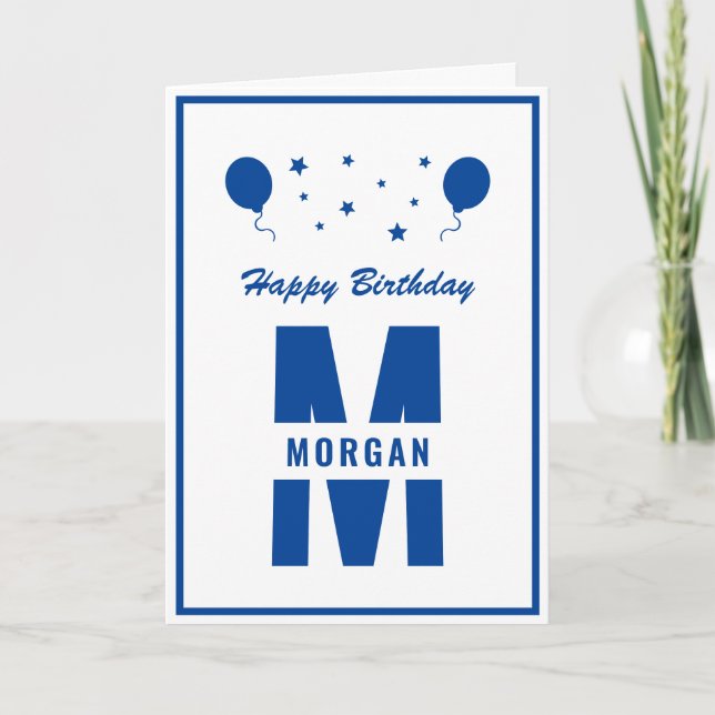 Monogram Happy Birthday Any Age White Blue Stars Card (Front)