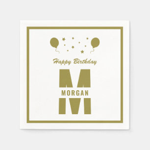 Monogram Happy Birthday Any Age White Gold Stars Napkin