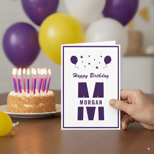 Monogram Happy Birthday Any Age White Purple Stars Card