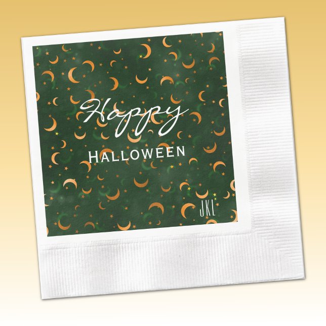 Monogram, Happy Halloween Moons & Stars Cocktail Napkin (Creator Uploaded)