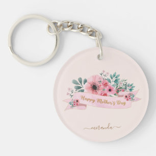 Monogram Happy Mother's Day Pink Floral Key Ring