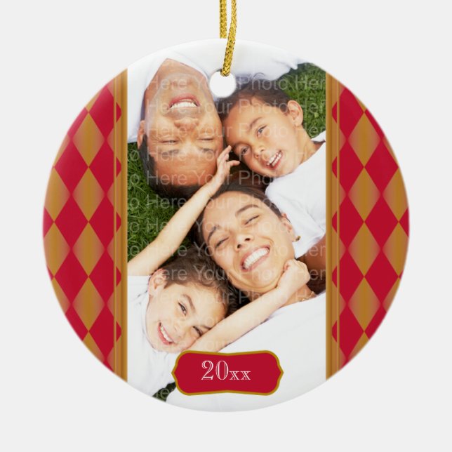 Monogram Harlequin: Red & Gold Ceramic Ornament (Front)