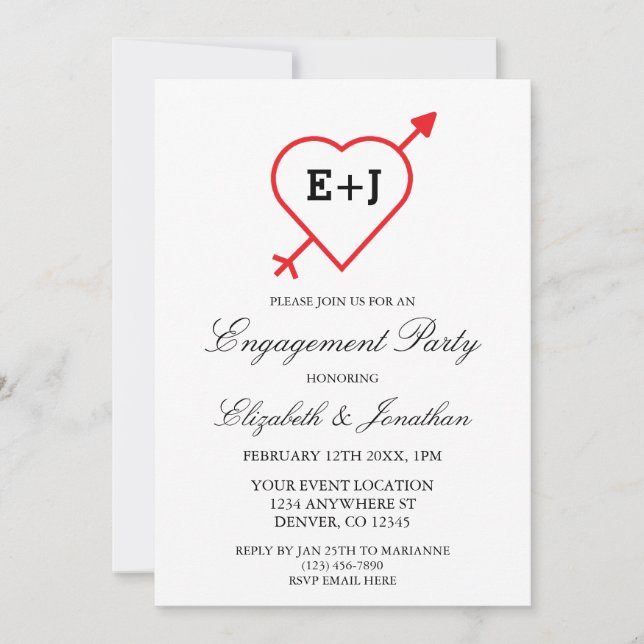 Monogram Heart And Arrow Engagement Party Invitation (Front)