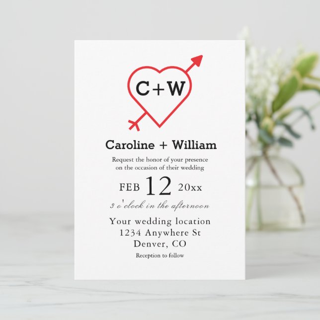 Monogram Heart And Arrow Wedding Invitation (Standing Front)