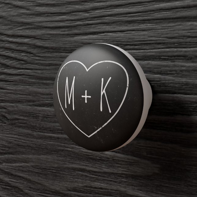 Monogram Heart Black Chalkboard Ceramic Knob (Just add your initials to the rustic black chalkboard style drawer knob)