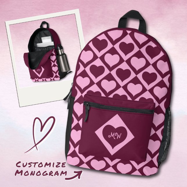 Monogram Heart Chequerboard Pattern Bordeaux Pink  Printed Backpack (Creator Uploaded)