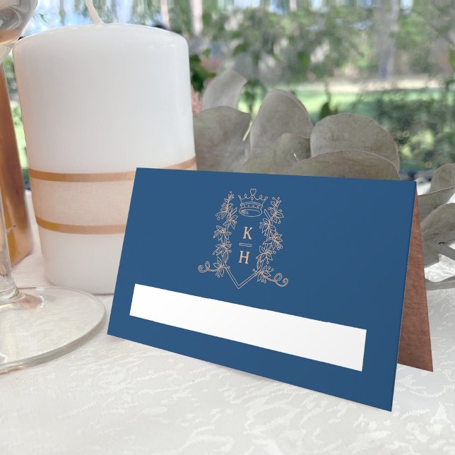 Monogram heart crest dark blue rose gold wedding place card (Creator Uploaded)