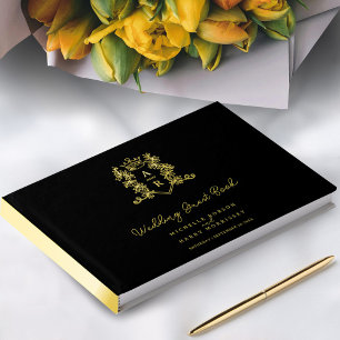 Monogram heart crest gold black wedding guest book
