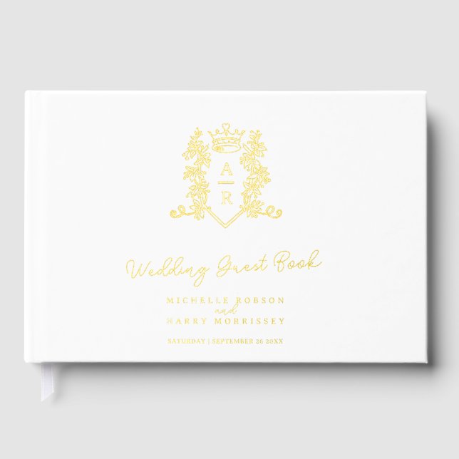 Monogram heart crest gold white wedding guest book (Front)