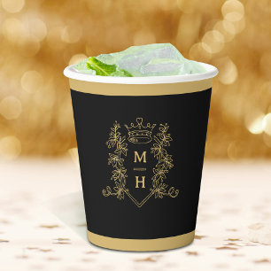Monogram heart crown black gold wedding paper cups