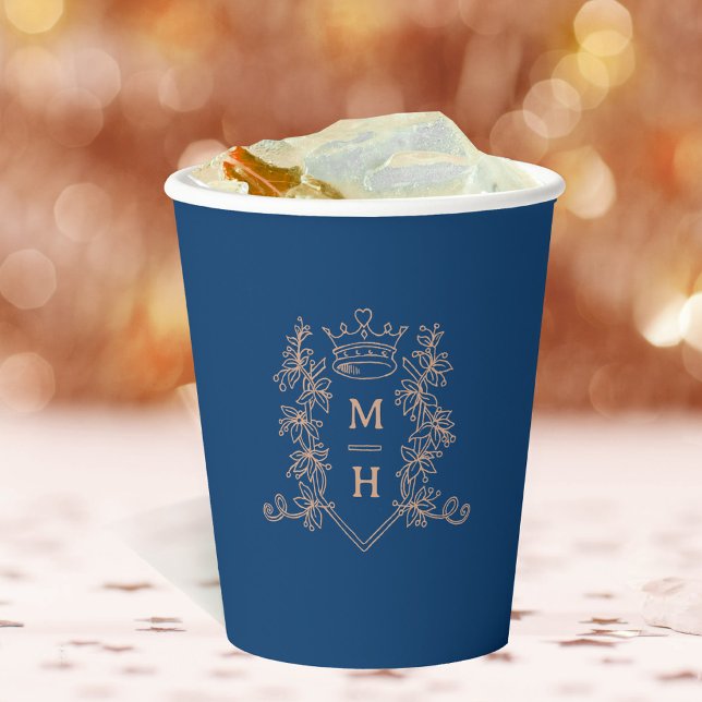 Monogram heart crown blue rose gold wedding paper cups (Creator Uploaded)