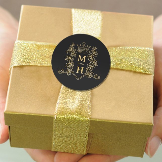 Monogram heart crown crest gold black wedding classic round sticker (Creator Uploaded)