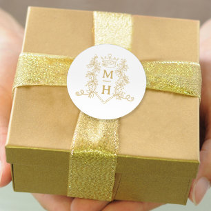 Monogram heart crown crest gold wedding classic round sticker